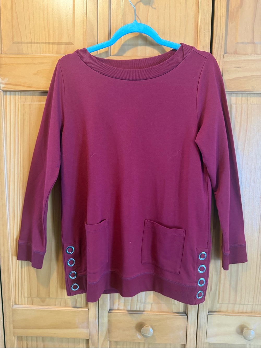 Women's Burgundy Long Sleeve Tunic with Side Grommet Detail